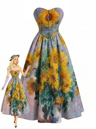 [Prévente] Robe bustier lavande motif tournesols et décolleté cœur années 50