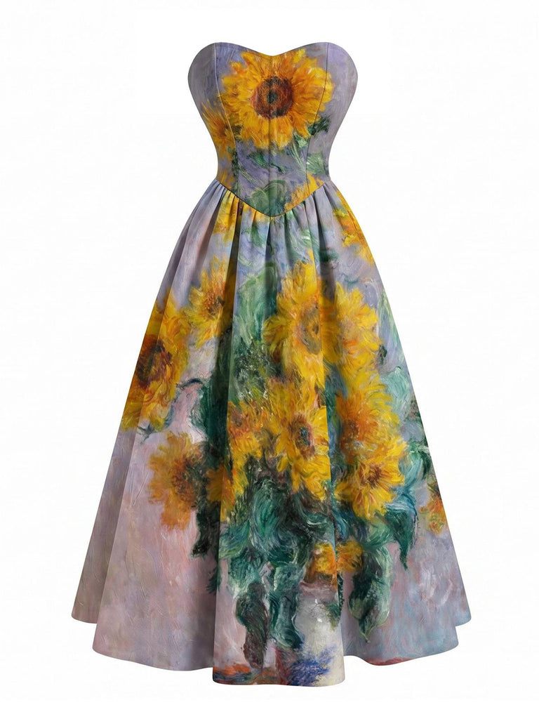 [Prévente] Robe bustier vert pâle motif nénuphars et décolleté cœur années 50