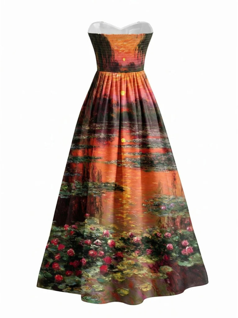 Robe bustier vert pâle motif nénuphars et décolleté cœur années 50