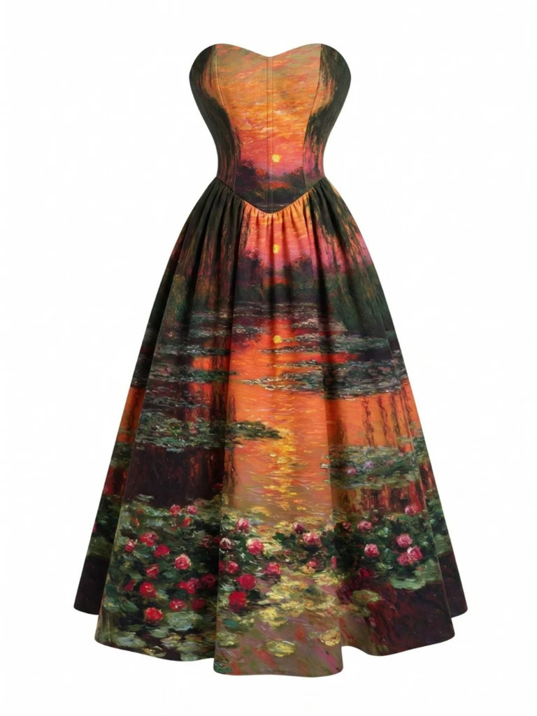 Robe bustier vert pâle motif nénuphars et décolleté cœur années 50