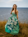 Robe bustier vert pâle motif nénuphars et décolleté cœur années 50