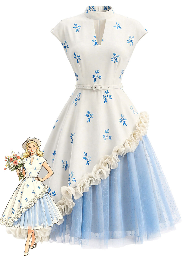 [Prévente] Robe Col Montant Rosette 3D Tulle à Pois Années 50