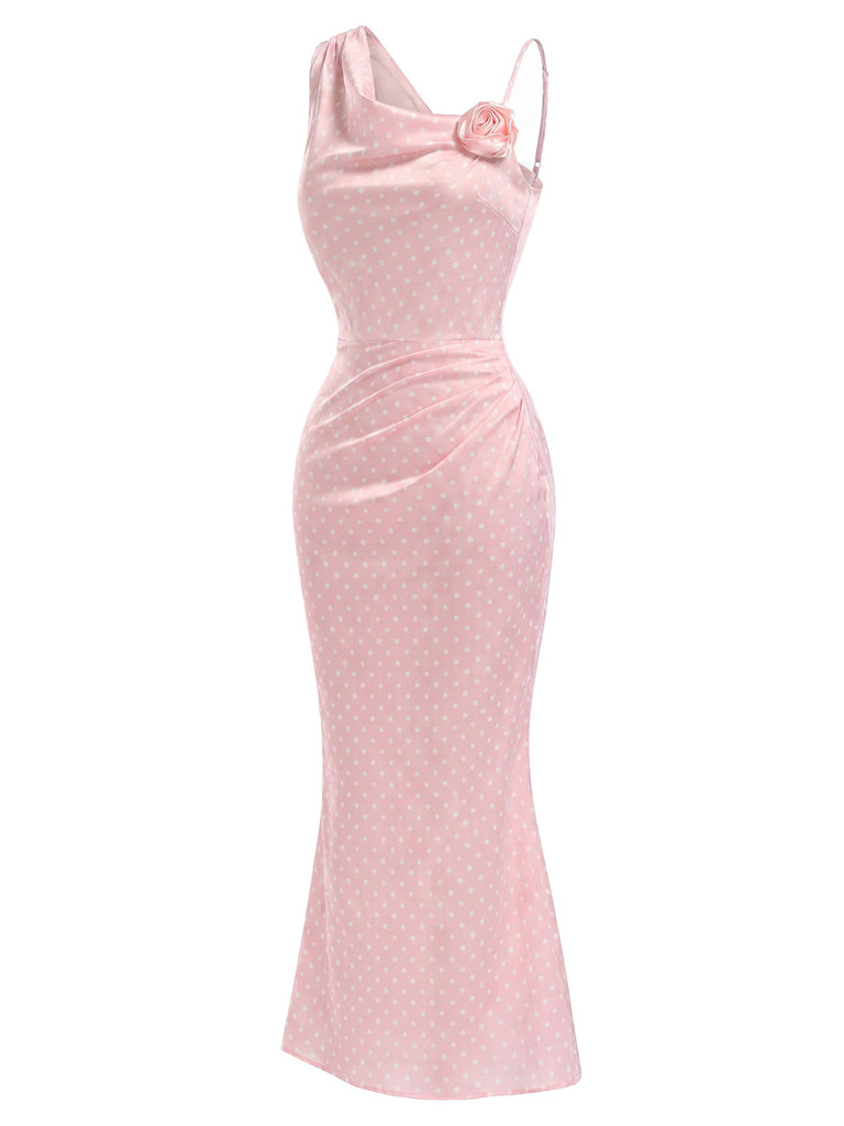 [Prévente] Robe Rose à Pois 3D Rose Satin Sirène Années 1930 4
