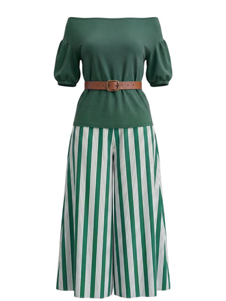 Ensemble Vert Rayé Épaules Dénudées Manches Bouffantes Fendu Années 1940 2