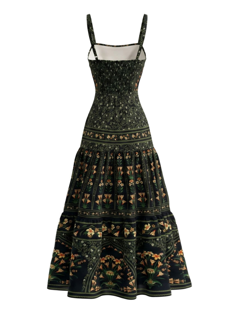 Robe Longue Florale Bretelles Fines à Volants Étagés Vert Foncé Années 1970 3