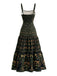 Robe Longue Florale Bretelles Fines à Volants Étagés Vert Foncé Années 1970 3