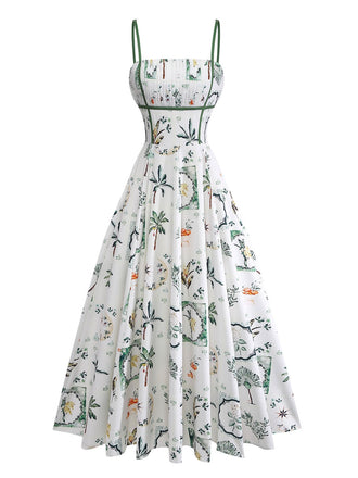 Robe Bretelles Spaghetti Mi-Longue Botanique Évasé Blanc & Vert Années 1950