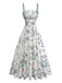 Robe Bretelles Spaghetti Mi-Longue Botanique Évasé Blanc & Vert Années 1950