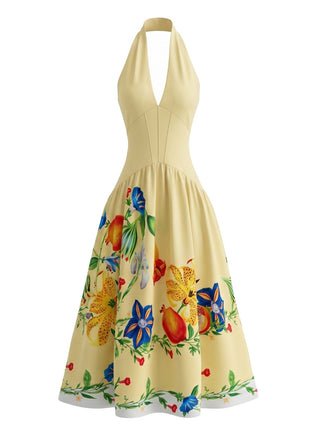 Robe Florale Halter Dos Nu Jaune Années 1950 2