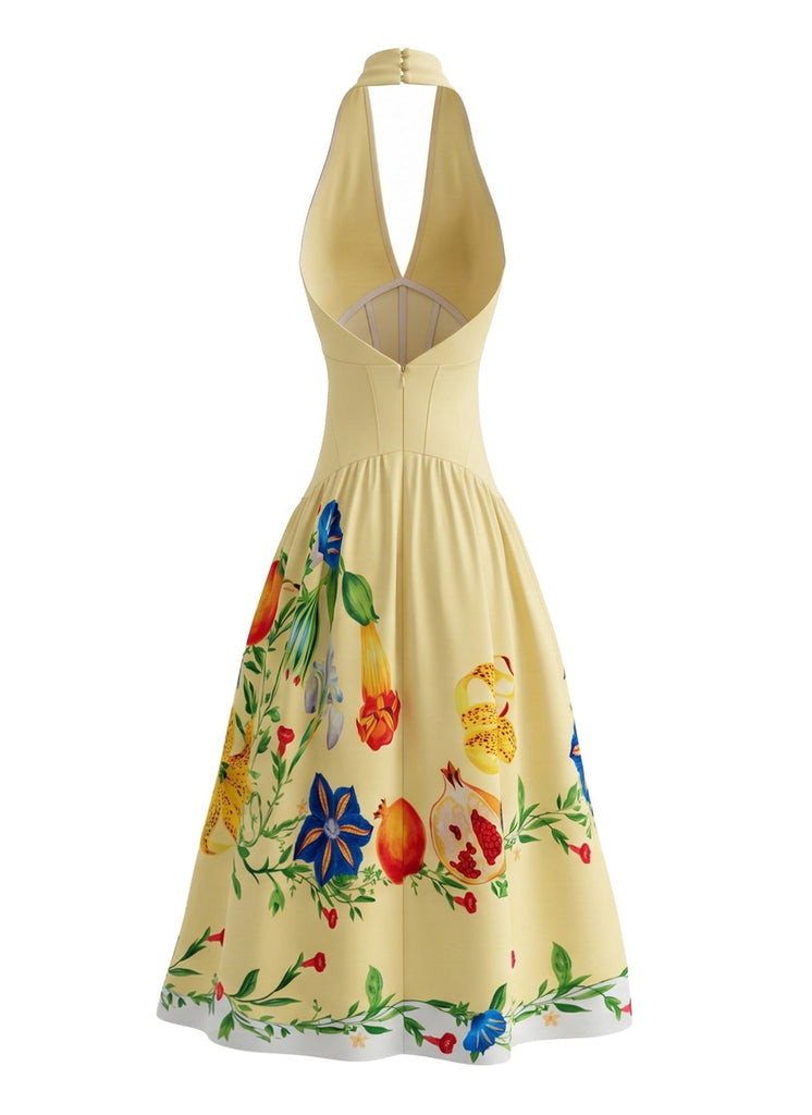 Robe Florale Halter Dos Nu Jaune Années 1950 3