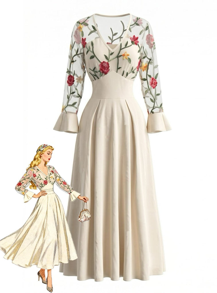 Robe longue ivoire à broderies florales et manches transparentes années 1950