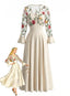Robe longue ivoire à broderies florales et manches transparentes années 1950