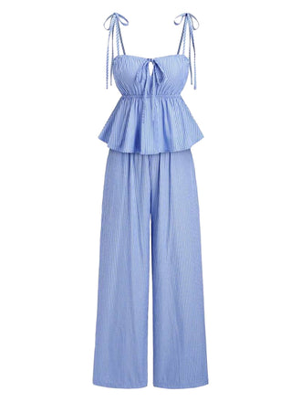 2PCS 2PCS Jambes Larges Rayé Nœud Nœud Péplum Bleu Clair Années 1950 2