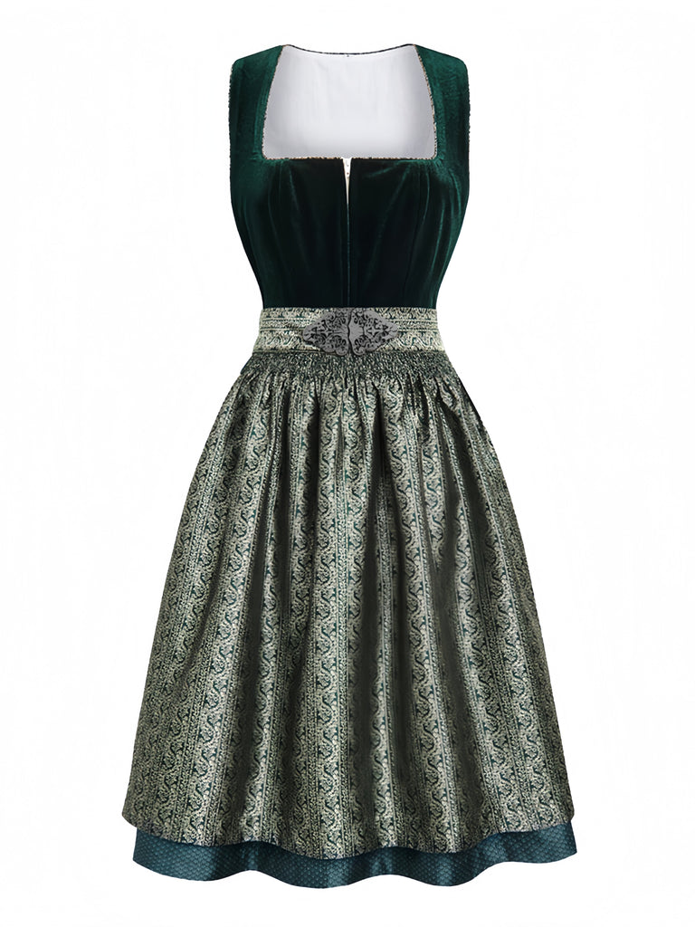 2PCS Robe Col Carré Velours Jacquard Tablier Vert Années 1950 2