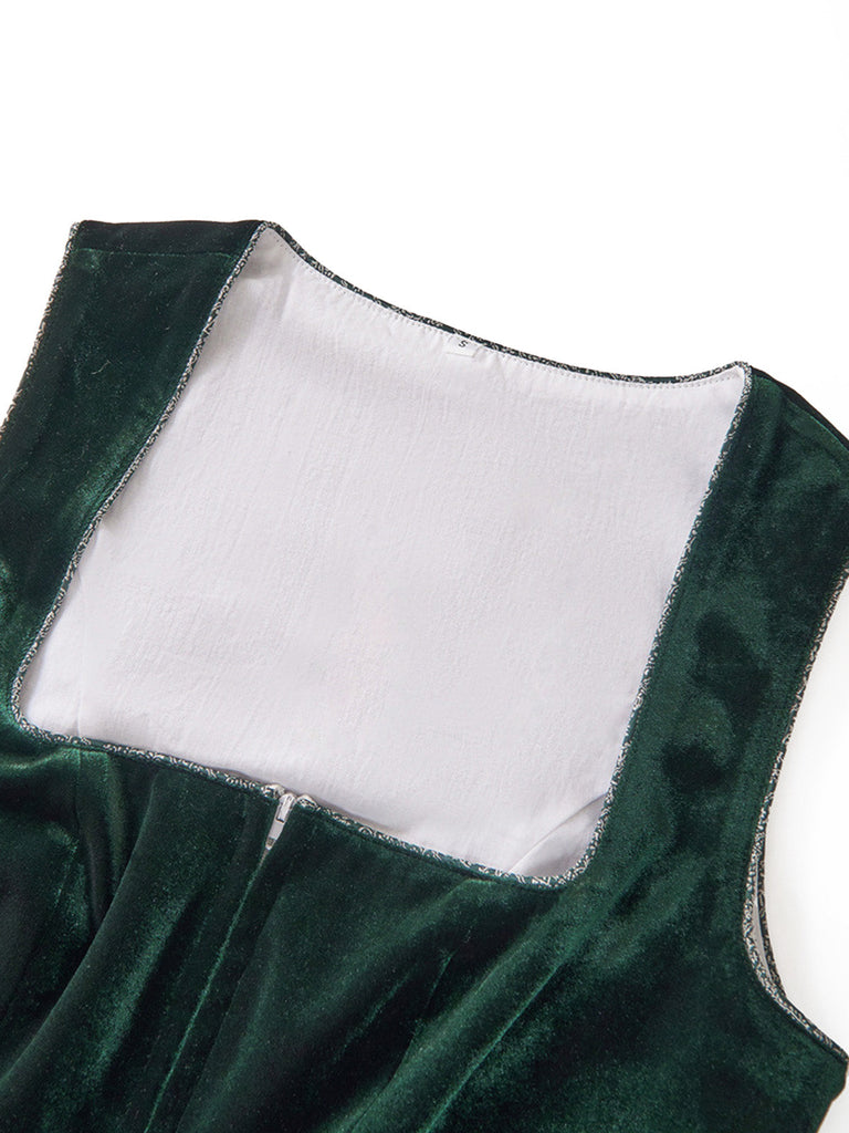 3PCS Robe Col Carré Velours Dentelle Jacquard Tablier Vert Années 1950 8