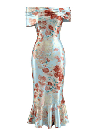 Robe Sirène Épaules Dénudées en Satin Floral Bleu Clair Années 30