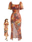 Robe Marron Imprimé Floral Automnal Fente Latérale Années 1930