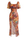 Robe Marron Watercolor Floral Imprimé Manches Bouffantes Années 1930 2