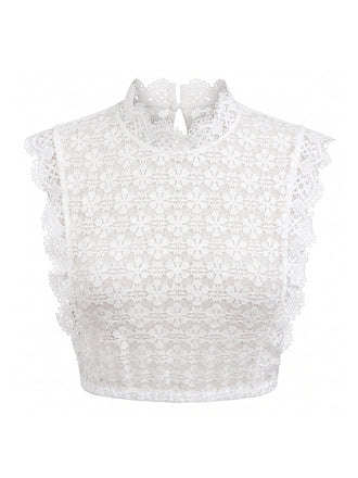 Haut Sans Manches Floral Dentelle Col Montant Blanc Années 1950