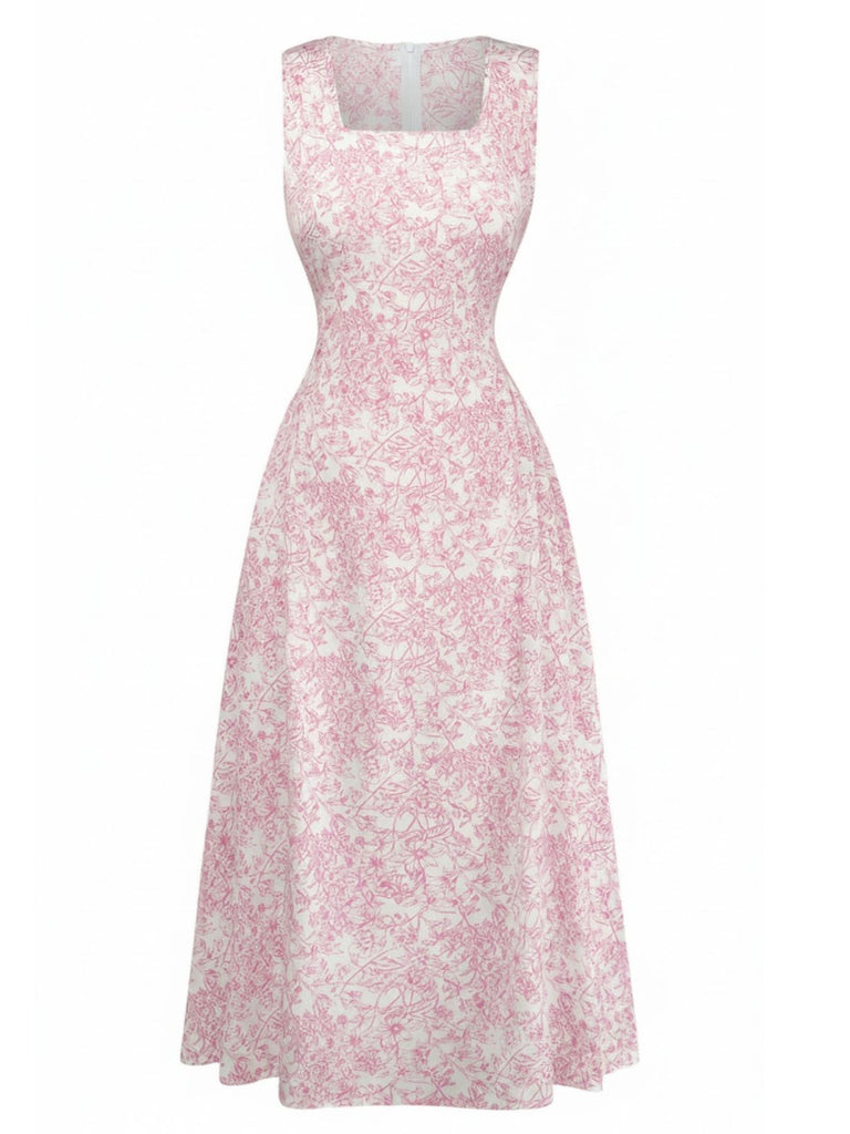 Robe Col Carré Sans Manches Floral Mi-Longue Petites Fleurs Années 1940 8