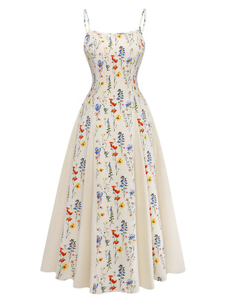 Robe Midi à Bretelles Spaghetti Petites Fleurs Beige Années 70