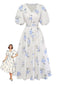 Robe Beige Floral Col V Manches Bouffantes Années 1940