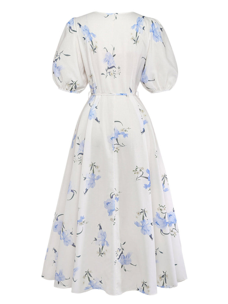 Robe Beige Floral Col V Manches Bouffantes Midi Années 1940 3