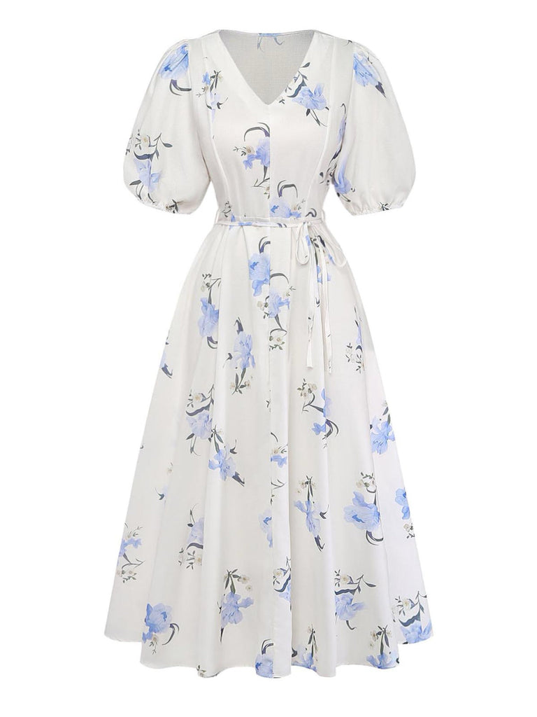Robe Beige Floral Col V Manches Bouffantes Midi Années 1940 2