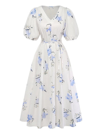 Robe Beige Floral Col V Manches Bouffantes Midi Années 1940 2