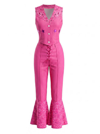 2PCS Haut Col V et Pantalon Évasé Barbie Rose Années 70