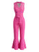 2PCS Haut Col V et Pantalon Évasé Barbie Rose Années 70