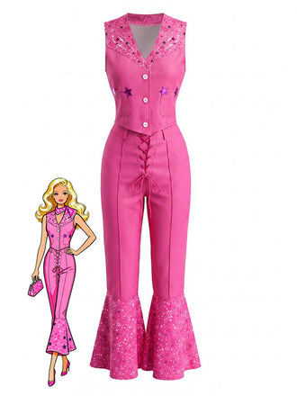 2PCS Haut Col V et Pantalon Évasé Barbie Rose Années 70