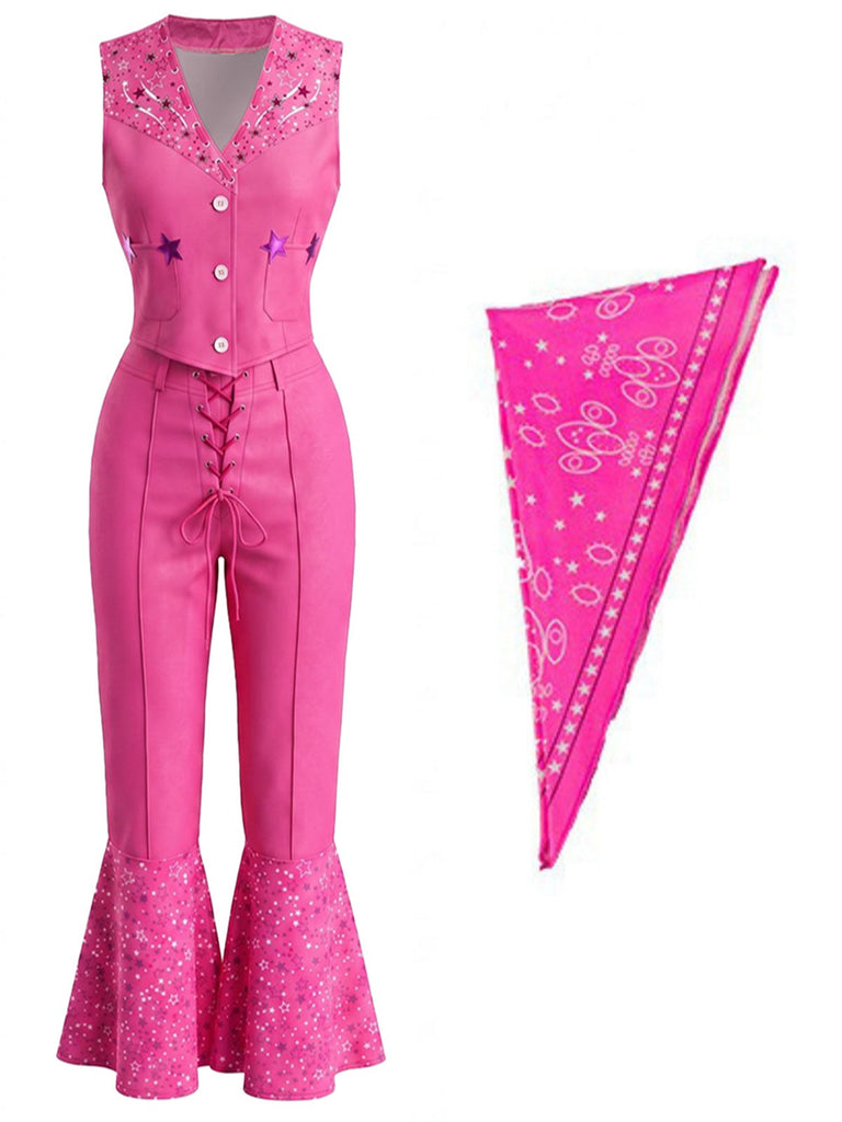 2PCS Haut Col V et Pantalon Évasé Barbie Rose Années 70