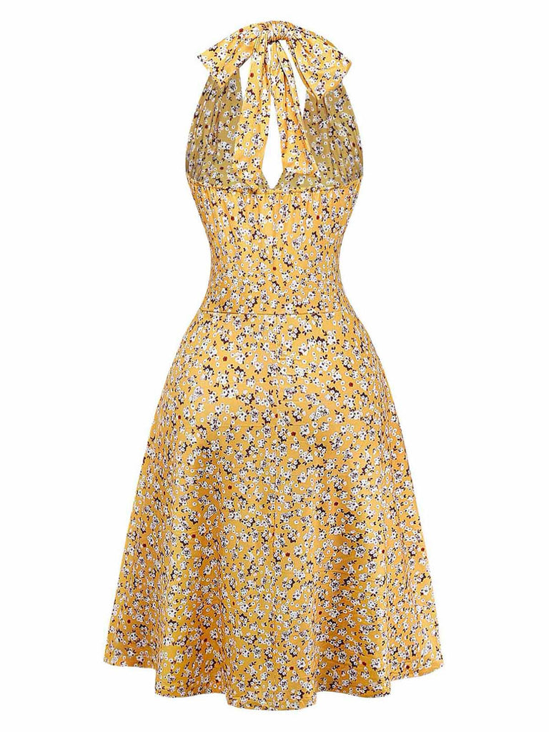 Robe Floral Halter Petites Fleurs Froncé Taille Jaune Années 1950 3