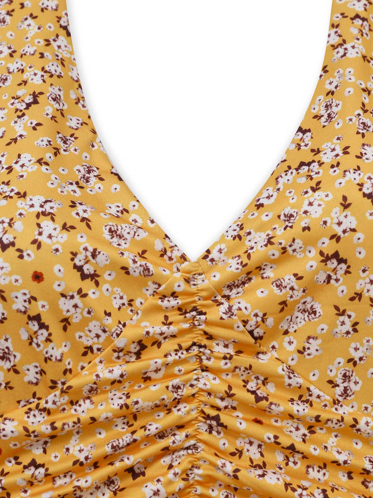 Robe Floral Halter Petites Fleurs Froncé Taille Jaune Années 1950 4