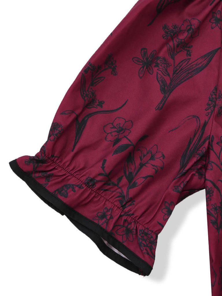 Robe Col Carré Floral Longue Imprimé Lie-de-Vin Années 1940 5