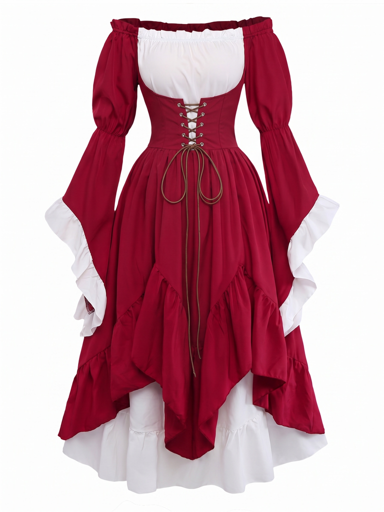 Robe Rouge Épaules Dénudées Manches Cloche Renaissance Années 1930
