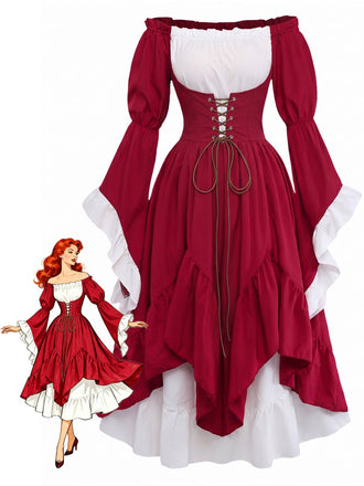Robe Rouge Épaules Dénudées Manches Cloche Renaissance Années 1930
