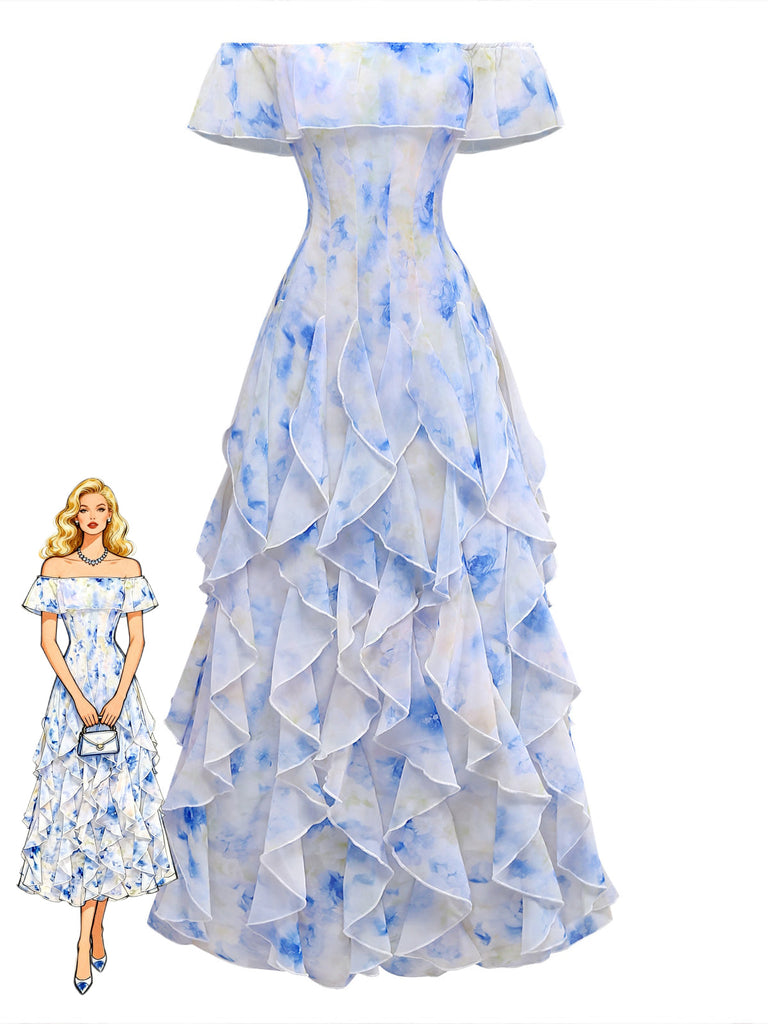 Robe Épaules Dénudées Watercolor Floral Volant Maxi Années 1930