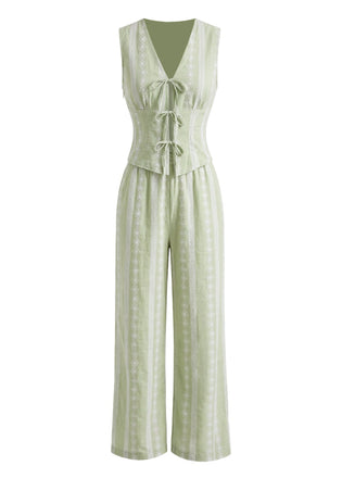 Ensemble 2 Pièces Gilet & Pantalon Brodé Nouage Avant Vert Années 30