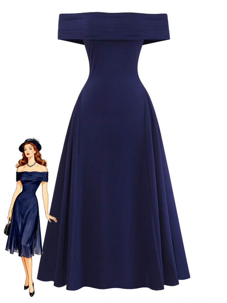 Robe Épaules Dénudées Évasé Encolure Repliée Bleu Profond Années 1950