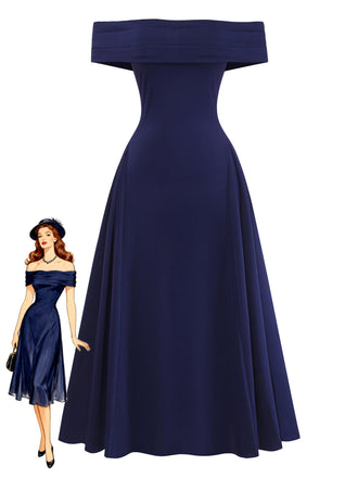 Robe Épaules Dénudées Évasé Encolure Repliée Bleu Profond Années 1950
