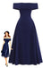 Robe Épaules Dénudées Évasé Encolure Repliée Bleu Profond Années 1950