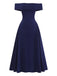 Robe Épaules Dénudées Évasé Encolure Repliée Bleu Profond Années 1950 2