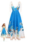 Robe bleue fleurs épaules nouées et col carré années 1970