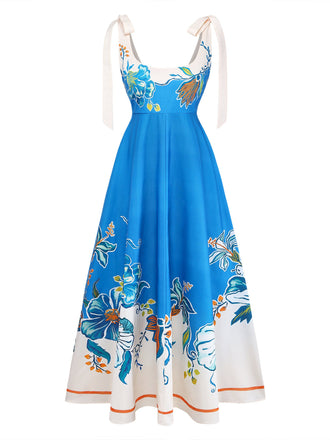 Robe Col Carré Floral Épaule Nœud Bleu Années 1970 2