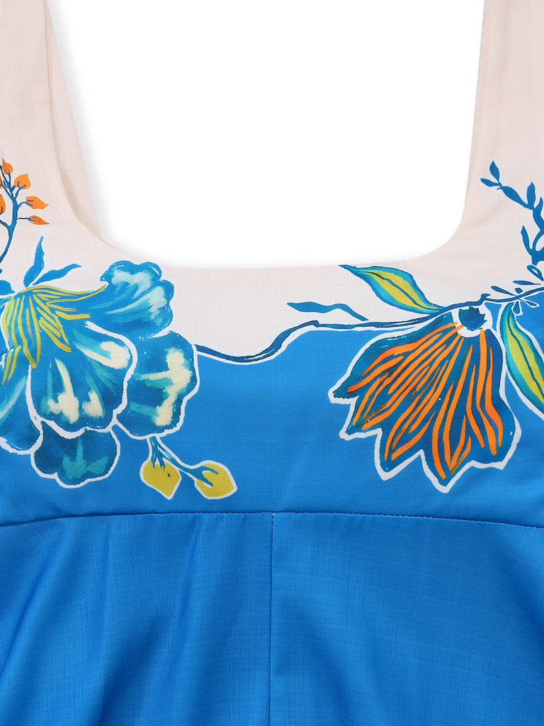 Robe Col Carré Floral Épaule Nœud Bleu Années 1970 4