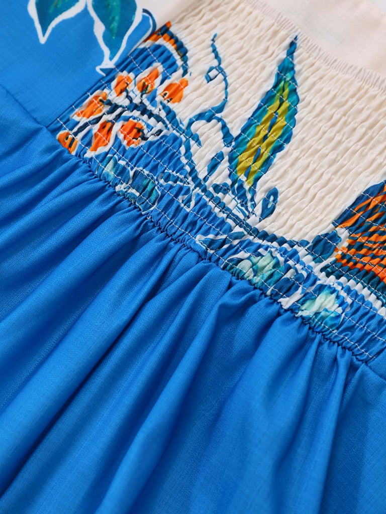 Robe Col Carré Floral Épaule Nœud Bleu Années 1970 5