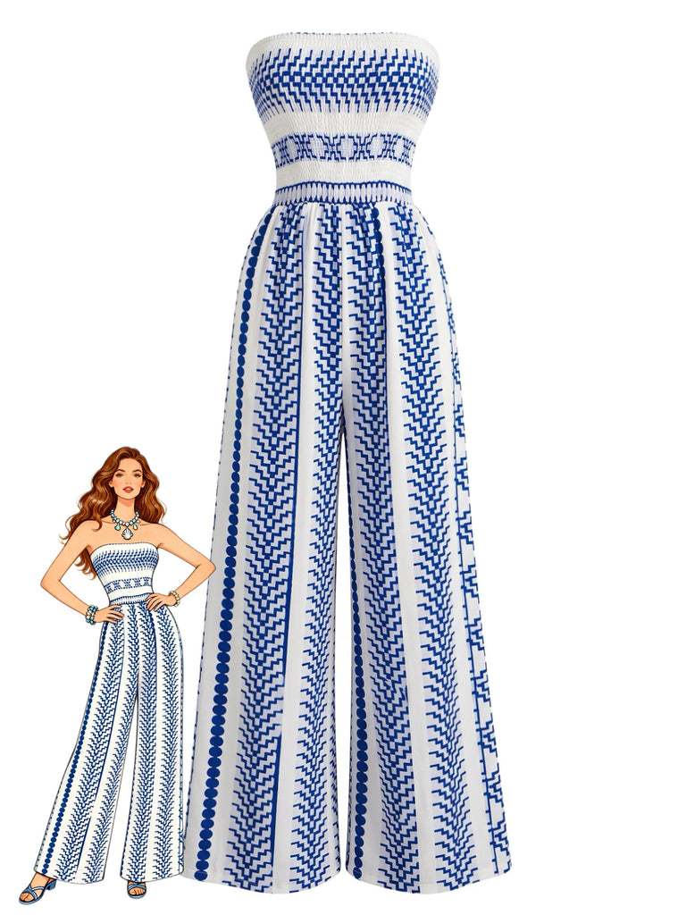 Combinaison Bustier Smockée à Jambes Larges Imprimé Géométrique Bleue Années 70