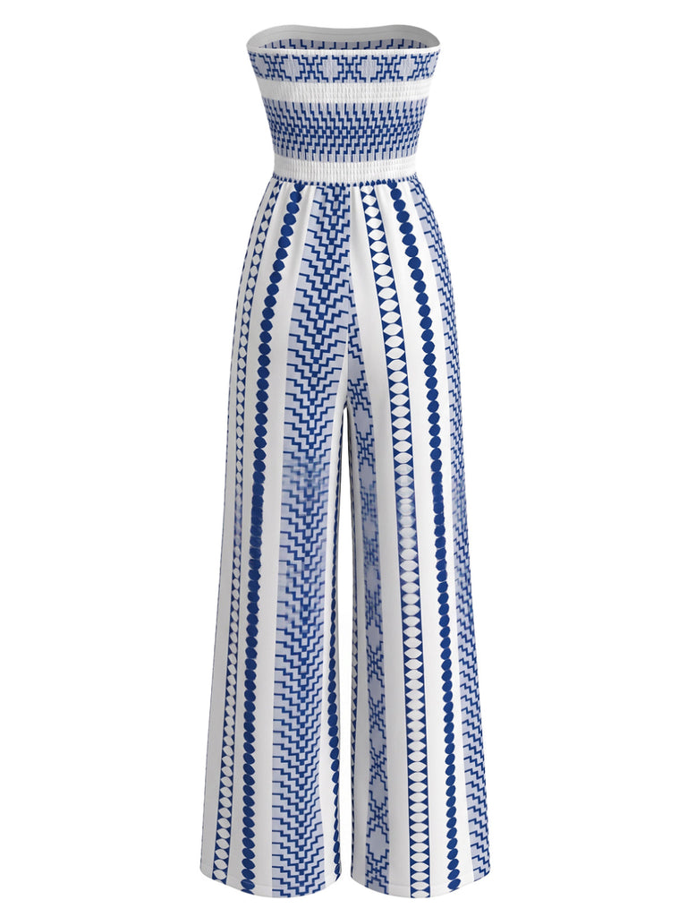 Combinaison Bustier Smockée à Jambes Larges Imprimé Géométrique Bleue Années 70